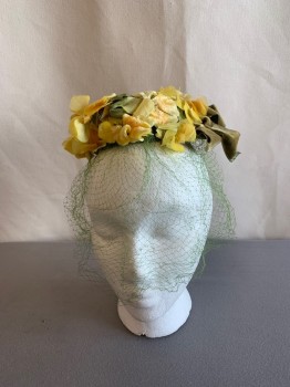 Womens, Hat, MISS SALLY VICTOR, Yellow, Green, Synthetic, Floral, Yellow Fake Flowers with Green Netted Veil, 2 Small Hair Combs Inside, Olive Green Velvet Bows