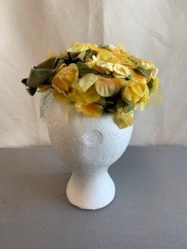 MISS SALLY VICTOR, Yellow, Green, Synthetic, Floral, Yellow Fake Flowers with Green Netted Veil, 2 Small Hair Combs Inside, Olive Green Velvet Bows