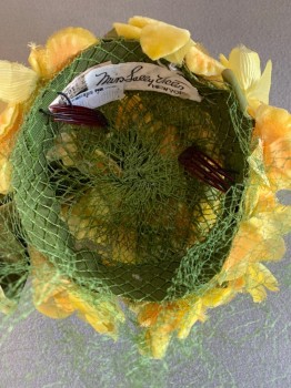 Womens, Hat, MISS SALLY VICTOR, Yellow, Green, Synthetic, Floral, Yellow Fake Flowers with Green Netted Veil, 2 Small Hair Combs Inside, Olive Green Velvet Bows
