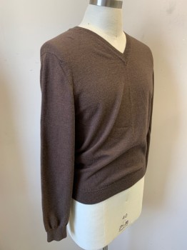 Mens, Pullover Sweater, BLOOMINGDALES, Brown, Wool, Solid, L, Long Sleeves, Pullover, V-neck,