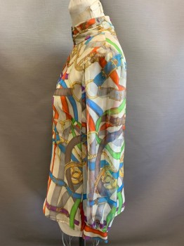 Womens, Blouse, MTO, Lt Beige, Red, Blue, Green, Gray, Silk, Equine- Horses, L, Made To Order, Chiffon, Mock Turtle Neck, Long Sleeves, Center Back Zipper,