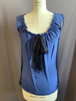 T COLLECTION, Dk Blue, Silk, Solid, Drawstring Ruffle Scoop Neck, Sleeveless, Black Lace Drawstring Tie, Black Lace Side Seam Layer Panels