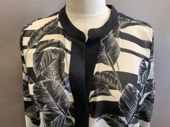 VINCE CAMUTO, Black, Ivory White, Polyester, Leaves/Vines , Stripes - Horizontal , Pullover, Black Band Collar and Hidden 2 Button Placket, Long Sleeves, Chiffon,