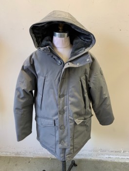Childrens, Coat, GAP KIDS, Gray, Poly/Cotton, Solid, XL, Boys, Zip and Button Front, Hooded with Gray Plush Lining, Olive Quilted Nylon Lining, 4 Pockets
