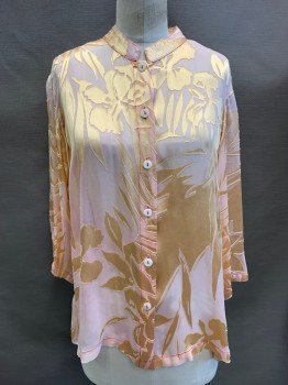 CITRON, Baby Pink, Peach Orange, Silk, Abstract Floral, Button Front, L/S, Band Collar,