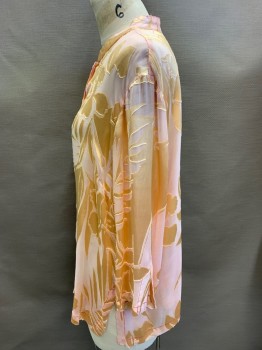 CITRON, Baby Pink, Peach Orange, Silk, Abstract Floral, Button Front, L/S, Band Collar,