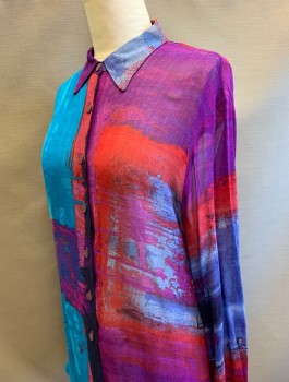 Womens, Blouse, CAROLE LITTLE, Purple, Turquoise Blue, Red, Magenta Pink, Rayon, Abstract , B<42", Sz.12, Sheer Chiffon, Long Sleeves, Button Front, Collar Attached, Oversized