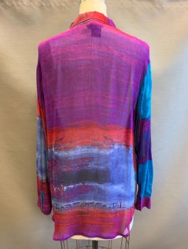 Womens, Blouse, CAROLE LITTLE, Purple, Turquoise Blue, Red, Magenta Pink, Rayon, Abstract , B<42", Sz.12, Sheer Chiffon, Long Sleeves, Button Front, Collar Attached, Oversized