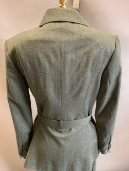 TRISH SOMERVILLE, Olive Green, Wool, Solid, Notched Lapel, Button Front, 2 Pockets