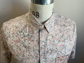 TOPMAN, Cream, Salmon Pink, Black, Khaki Brown, Cotton, Speckled, Short Sleeves, Button Front, Collar Attached, 1 Pocket,