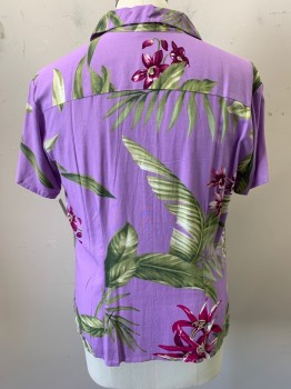 Mens, Hawaiian Shirt, HIBISCUS COLLECTION, Orchid Purple, Lt Green, White, Aubergine Purple, Rayon, Hawaiian Print, Floral, XL, Lilac Background with Hibiscus Flowers, Collar Attached, Button Front, Short Sleeves