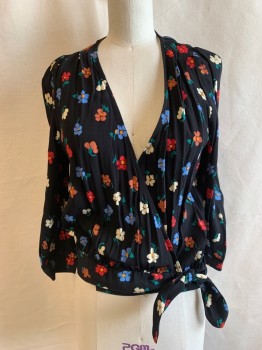MADEWELL, Black, Red, White, Baby Blue, Green, Viscose, Floral, V-neck, Snap Button at Center Bust, Button at Waist, Tie Side, Long Sleeve