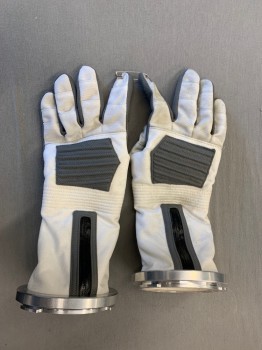 Unisex, Sci-Fi/Fantasy Gloves, MTO, Off White, Gray, Black, Synthetic, Metallic/Metal, Color Blocking, O/S, Round Metal Around Wrists, Ribbed *Aged/Distressed*