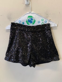 H&M, Iridescent Black, Sequins, Polyester, Solid, Clubwear Hot Pants, High Waist, Elastic at Back Waist, 1" Inseam, Invisible Zipper at Side, Multiples