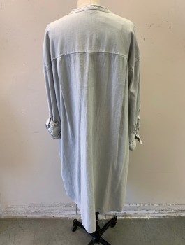 JAMES PERSE, Lt Gray, Cotton, Solid, Twill/Chambray, Shirt Dress with Buttons From Round Neck to Hem, Long Sleeves with Loop at Elbow to Hold Folded Up Sleeves, Knee Length, 4 Patch Pockets