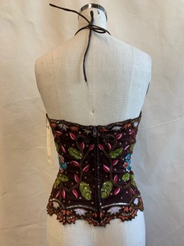 NO LABEL, Brown, Multi-color, Silk, Sequins, Floral, V-neck, Self Tie Halter, Zip Back, Colorful Embroidery & Sequin Detail
