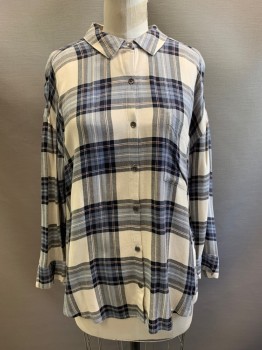 Splendid, Cream, Steel Blue, Navy Blue, Black, Pink, Rayon, Plaid, L/S, Button Front, Collar Attached, Pocket Chest
