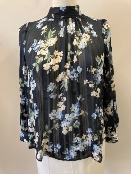 H&M, Midnight Blue, Cream, Lt Blue, Dk Green, White, Polyester, Floral, Stripes - Vertical , Stand Collar, L/S, 3 Btns At Back with Keyhole, Sheer