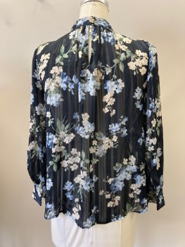 H&M, Midnight Blue, Cream, Lt Blue, Dk Green, White, Polyester, Floral, Stripes - Vertical , Stand Collar, L/S, 3 Btns At Back with Keyhole, Sheer
