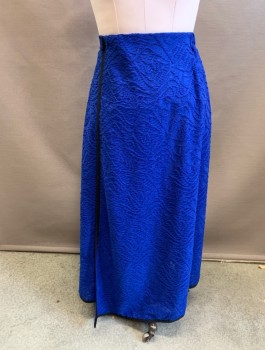 Womens, Skirt, Long, N/L, Royal Blue, Polyester, Solid, W29-32, Sz.8, Unusual Textured Stretchy Material, Elastic Waist, Faux Wrap Detail with Black 1/2" Wide Trim at Side and Hem
