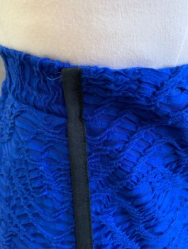 Womens, Skirt, Long, N/L, Royal Blue, Polyester, Solid, W29-32, Sz.8, Unusual Textured Stretchy Material, Elastic Waist, Faux Wrap Detail with Black 1/2" Wide Trim at Side and Hem