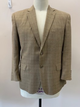 JOS. A. BANK, Lt Brown, Wool, Plaid-  Windowpane, Single Breasted, 2 Bttns, Notched Lapel, 3 Pckts, Brown And Orange Plaid