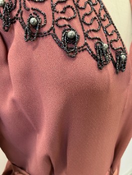 Womens, Evening Gown, PARIS ORIGINAL, Mauve Pink, Polyester, Solid, W30, B38,  , V-N, With  CF  Black Bugle Beads /Pearls & Pleats ,  L/S, Cuffed , Box Pleat At Skirt Side Zipper CB Pleats, Belt Attached