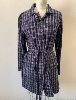 BANANA REPUBLIC, Navy Blue, White, Brown, Cotton, Plaid - Tattersall, Flannel, Long Sleeves, Button Front, Collar Attached, Shift Shirt Dress, 2 Pockets with Flaps at Chest, Hem Above Knee, **With Matching Bell