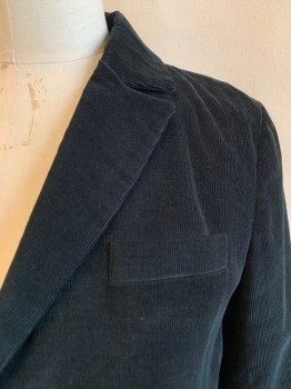 A.P.C., Black, Cotton, Elastane, Solid, Single Breasted, 2 Buttons, Notched Lapel, 3 Pockets, 1 Button Cuffs, 1 Back Vent