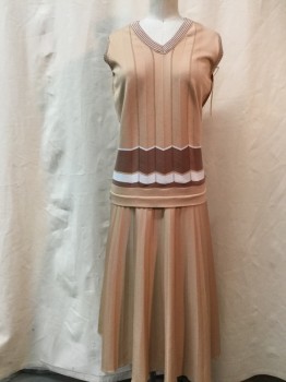 Womens, 1970s Vintage, Top, NO LABEL, Camel Brown, Brown, White, Synthetic, Solid, Stripes, W 29, B 34, Brown/white Stripe Trim, Delicate Open Work Vertical Stripes, V-neck, Sleeveless,