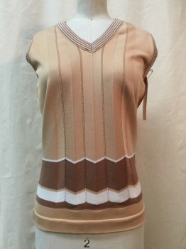 Womens, 1970s Vintage, Top, NO LABEL, Camel Brown, Brown, White, Synthetic, Solid, Stripes, W 29, B 34, Brown/white Stripe Trim, Delicate Open Work Vertical Stripes, V-neck, Sleeveless,
