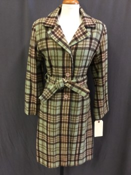 Womens, Coat, SPIEWAK, Sage Green, Brown, Lt Pink, Yellow, Wool, Plaid, S, Single Breasted, 4 Pockets, 2 Pockets, Notched Lapel, Knee Length