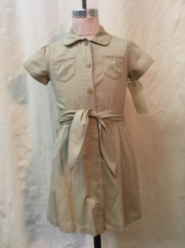 Childrens, Dress, CAT & JACK, Khaki Brown, Cotton, Polyester, Solid, 7, Khaki, Button Front, Collar Attached, Short Sleeves, Self Tie Belt