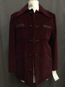 Mens, Coat, Sportswear, Red Burgundy, Cotton, Synthetic, Solid, 38R, Burgundy, Dark Brown Faux Suede Trim, 4 Pockets, Button Front, Fleece Lined