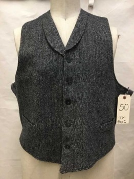 Mens, Vest 1890s-1910s, Heather Gray, Black, Wool, Cotton, Chevron, Ch 44, Black & Heathered Gray Chevron, Button Front, Shawl Lapel, 2 Pockets,