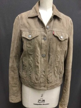 LEVI'S, Tan Brown, Suede, Solid, Button Front, Collar Attached, Long Sleeves, Jean Jacket Styling, Short, Lined, 4 Pockets 2 with Flaps, Vertical Welt