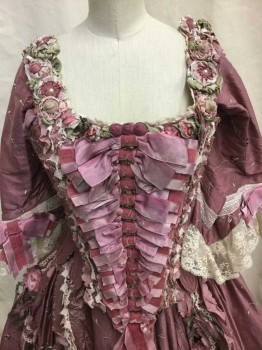 PERIOD CORSETS, Mauve Pink, Cream, Lt Pink, Sage Green, Pink, Silk, Floral, BODICE-Mauve Taffeta with Multicolor Vine/Floral Embroidery, Pink and Light Pink Satin and Velvet Bows Down Center Front At "Stomacher", Square Neck, 3/4 Sleeves with Cream Lace Ruffle and Pink Satin and Velvet Bows, Silk Flowers At Neckline and Cuffs, Boned Interior, Metal Grommets with Lace Up Panel In Center Back, Made To Order
