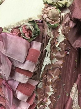 PERIOD CORSETS, Mauve Pink, Cream, Lt Pink, Sage Green, Pink, Silk, Floral, BODICE-Mauve Taffeta with Multicolor Vine/Floral Embroidery, Pink and Light Pink Satin and Velvet Bows Down Center Front At "Stomacher", Square Neck, 3/4 Sleeves with Cream Lace Ruffle and Pink Satin and Velvet Bows, Silk Flowers At Neckline and Cuffs, Boned Interior, Metal Grommets with Lace Up Panel In Center Back, Made To Order