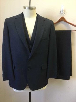 Mens, 1980s Vintage, Suit, Jacket, FULTON PARK, Navy Blue, White, Polyester, Stripes - Pin, 44L, Single Breasted, Collar Attached, Notched Lapel, 3 Pockets, 2 Buttons,