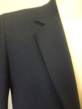 Mens, 1980s Vintage, Suit, Jacket, FULTON PARK, Navy Blue, White, Polyester, Stripes - Pin, 44L, Single Breasted, Collar Attached, Notched Lapel, 3 Pockets, 2 Buttons,