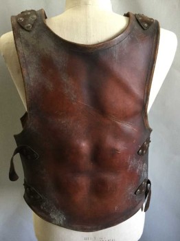 Mens, Historical Fict. Breastplate , MTO, Brown, Leather, 34/38C, Decorative 'Scratches', Double Side Buckles, Slight Molding Of Muscles/Pecs/Abs