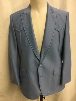 Mens, 1970s Vintage, Suit, Jacket, LASSO, French Blue, Cream, Polyester, Stripes - Pin, 44R, Western Style, Single Breasted, Peaked Lapel, 2 Pockets, Arrow Embroidery/Detail At Chest