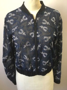 ABERCROMBIE & FITCH, Black, Royal Blue, White, Polyester, Paisley/Swirls, Sheer Black Chiffon with Blue and White Embroidered Paisley Pattern, Zip Front, Solid Black Elastic Waist, Cuffs and Neck