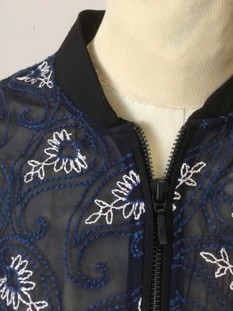 ABERCROMBIE & FITCH, Black, Royal Blue, White, Polyester, Paisley/Swirls, Sheer Black Chiffon with Blue and White Embroidered Paisley Pattern, Zip Front, Solid Black Elastic Waist, Cuffs and Neck
