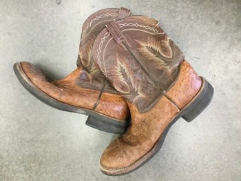Mens, Cowboy Boots , LARRY MAHAN, Brown, Cream, Rust Orange, Leather, Snakeskin/Reptile, Reptile/Snakeskin, 11, Brown Reptile Skin Foot, Darker Brown Calf/Ankle with Brown, Rust and Cream Embroidery, Round Toe, 1.5" Heel