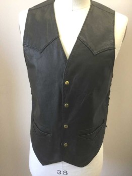Mens, Leather Vest, N/L, Black, Leather, Solid, 38, Snap Front, Gold Snaps, Lace Up Detail at Sides with Gold Grommets, Western Style Pointed Yoke, V-neck, 3 Welt Pockets with Triangular Seam Detail