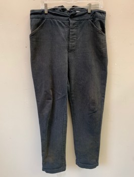 N/L MTO, Slate Gray, Cotton, Ribbed Cotton. Button Fly, 3 pockets, Dirty and Dusty Throughout, Suspender Buttons at Inside Waist, Made To Order 1900's Wild West
