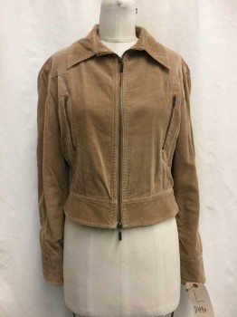 DITTO, Brown, Cotton, Spandex, Solid, Brown Corduroy, Zip Front, Collar Attached, 2 Zip Pockets. Zip Sleeve Detail