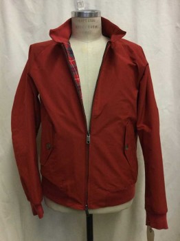 BARACUTA, Red, Cotton, Polyester, Solid, Red, Zip Front, Collar Band with Two Buttons, Plaid Lining