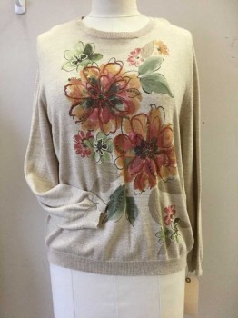 ALFRED DUNNER, Tan Brown, Burnt Orange, Olive Green, Tan Brown, Cotton, Acrylic, Floral, Heathered, Round Neck, Big Flowers with Embroidery, Beading and Sequins Center Front,